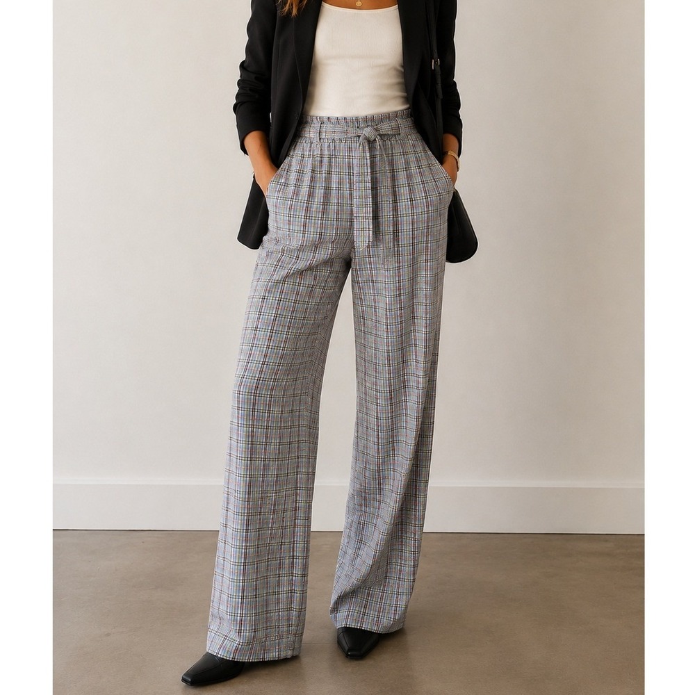 BCBGeneration Plaid Pants Womens S Blue Multi Paperbag Waist Tie Cotton Trousers